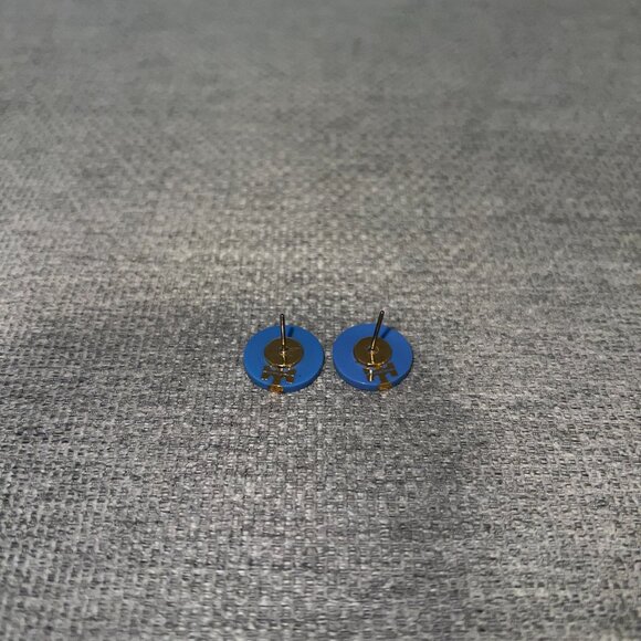 Tory Burch Blue and Gold Enamel Logo Stud Earrings - Picture 3 of 4